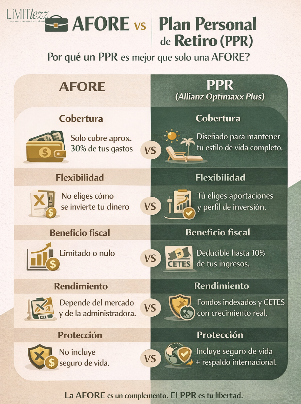 Resumen visual de tres pasos clave para lograr un retiro seguro: define tu visión, crea un sistema de ahorro e inversión, y protege tu plan.