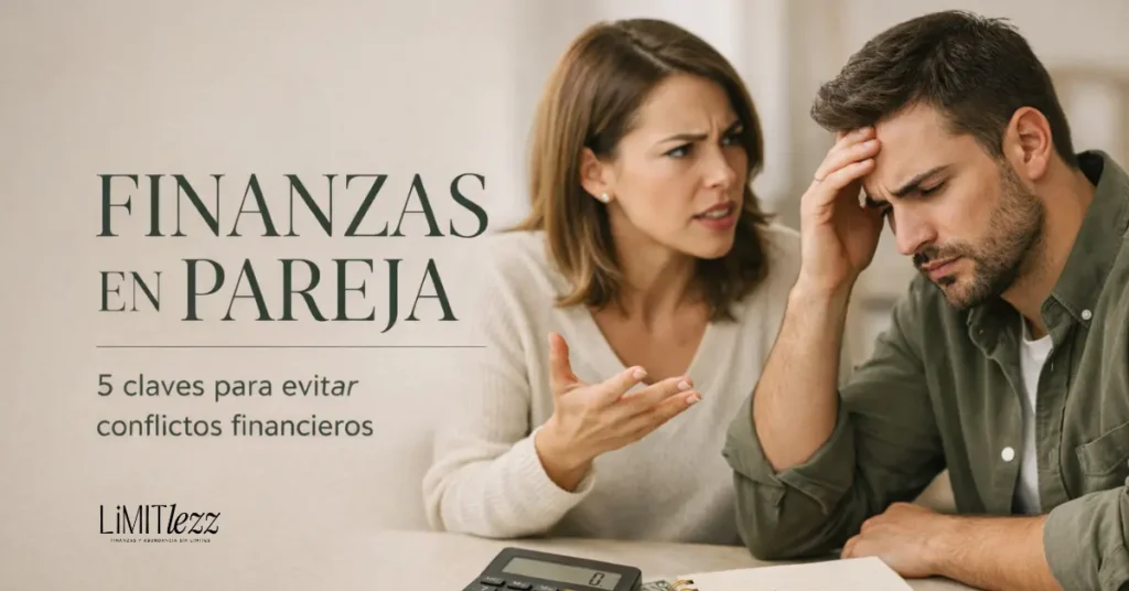 Pareja discutiendo sobre finanzas personales con calculadora y libreta en mesa beige, imagen editorial sobre conflictos financieros en pareja - Limitlezz
