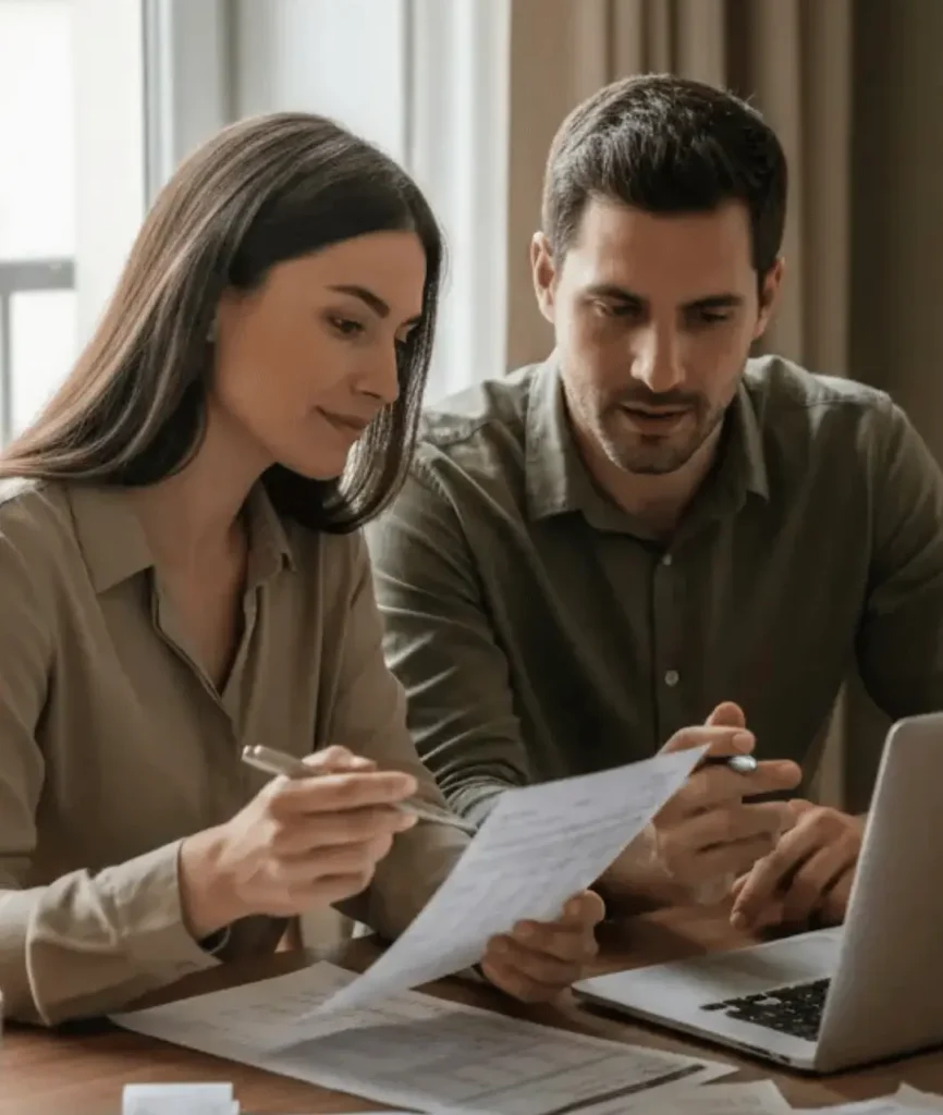 Pareja revisando sus finanzas juntos en casa mostrando transparencia y roles financieros compartidos