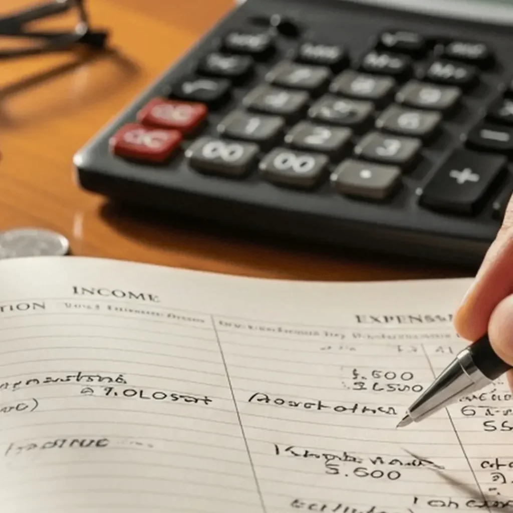 Calculadora, libreta y dinero sobre una mesa representando planificación y protección financiera en pareja