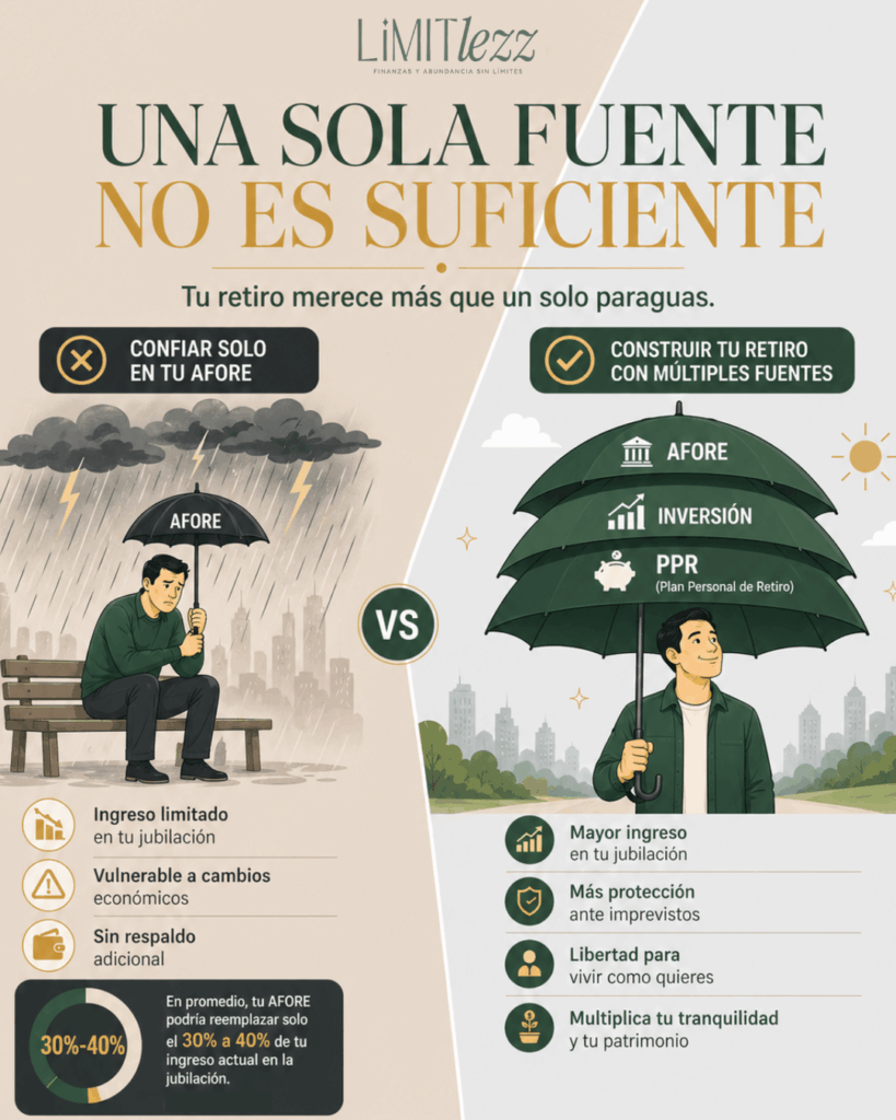 nfografía que muestra el riesgo de depender solo de la AFORE frente a un plan de retiro diversificado con inversión y PPR.